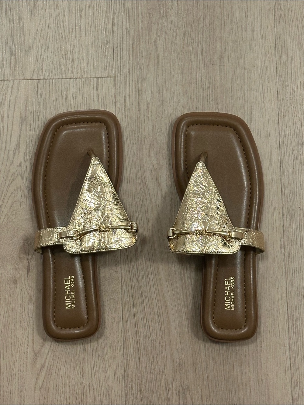 Michael Kors Metallic Gold Leather Toe-Loop Slide Sandals
